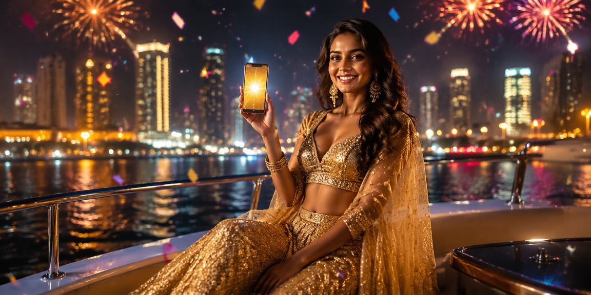Indian woman checking lottery tickets on mobile phone in festive dress